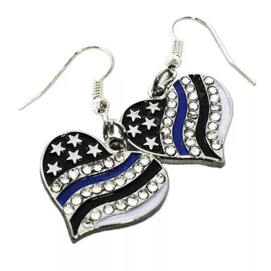 Thin Blue Line Heart Earrings, Rhinestone